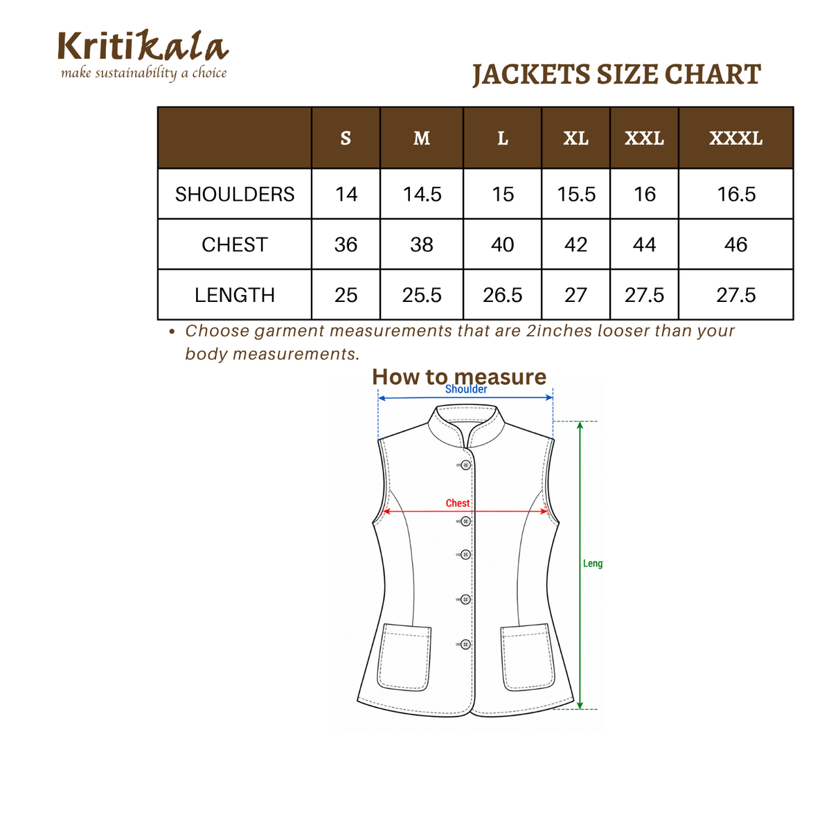 Reversible nehru jacket in red & yellow kalamkari size chart