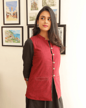 Reversible nehru jacket in red cotton - front
