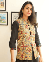 Reversible nehru jacket in yellow kalamkari - Front