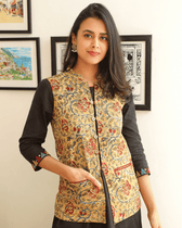 Reversible nehru jacket in yellow kalamkari - pocket