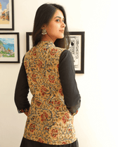 Reversible nehru jacket in yellow kalamkari - back
