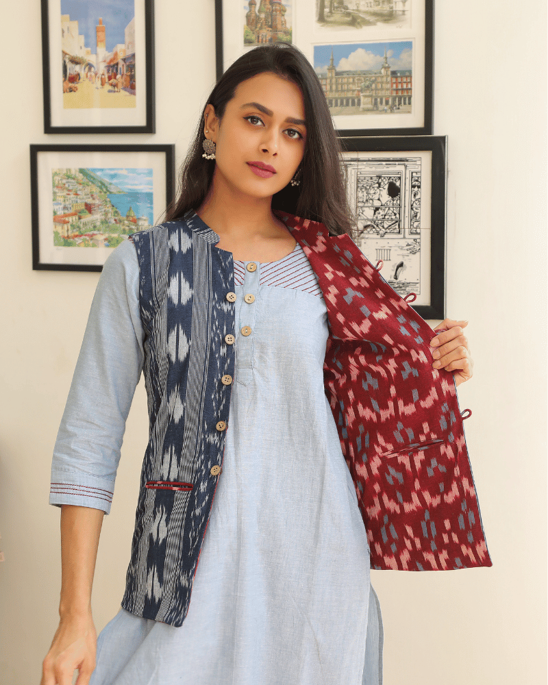 Reversible womens jacket in blue & red ikat