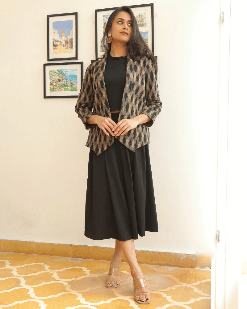Brown ikat lapel collar jacket 