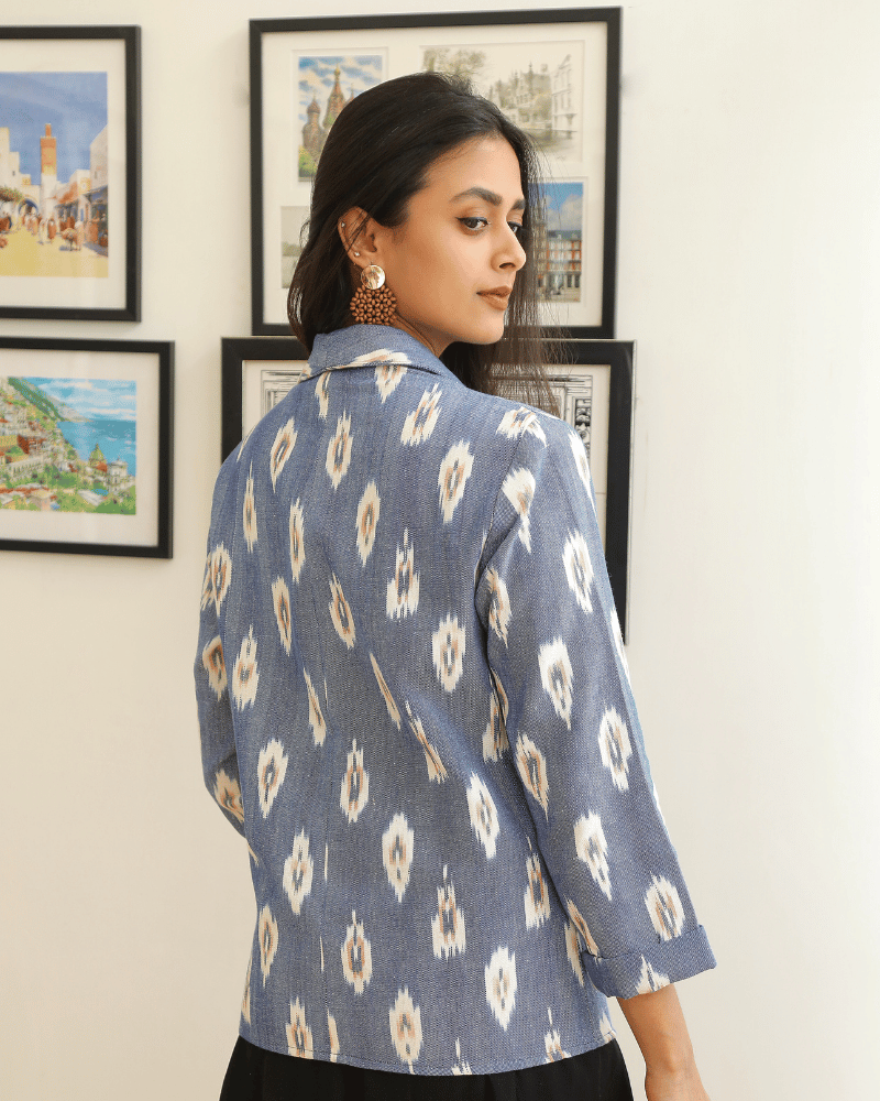 Blue ikat lapel collar jacket - back