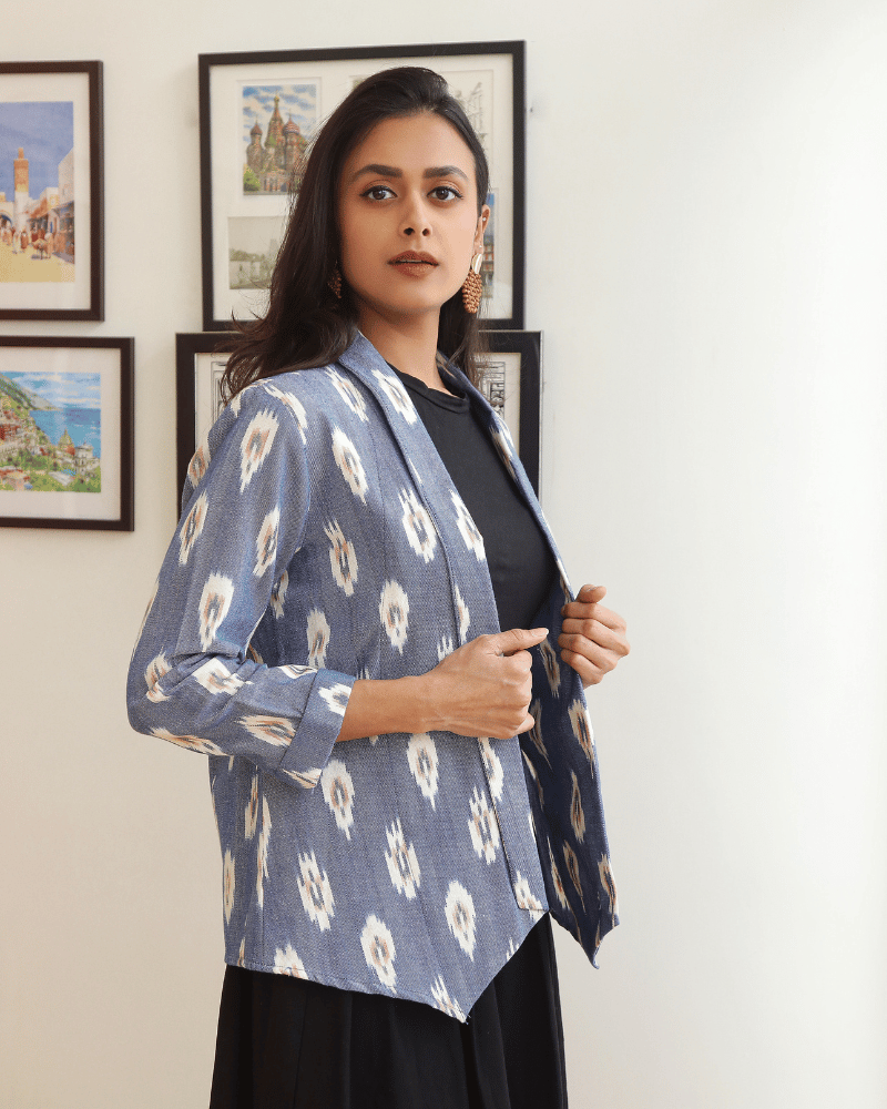 Blue ikat lapel collar jacket - side