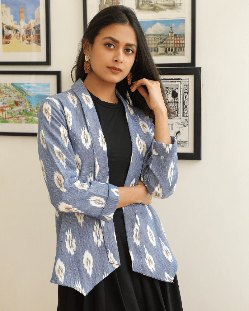 Blue ikat lapel collar jacket - Front