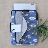 Blue ikat quilted laptop bag - pockets
