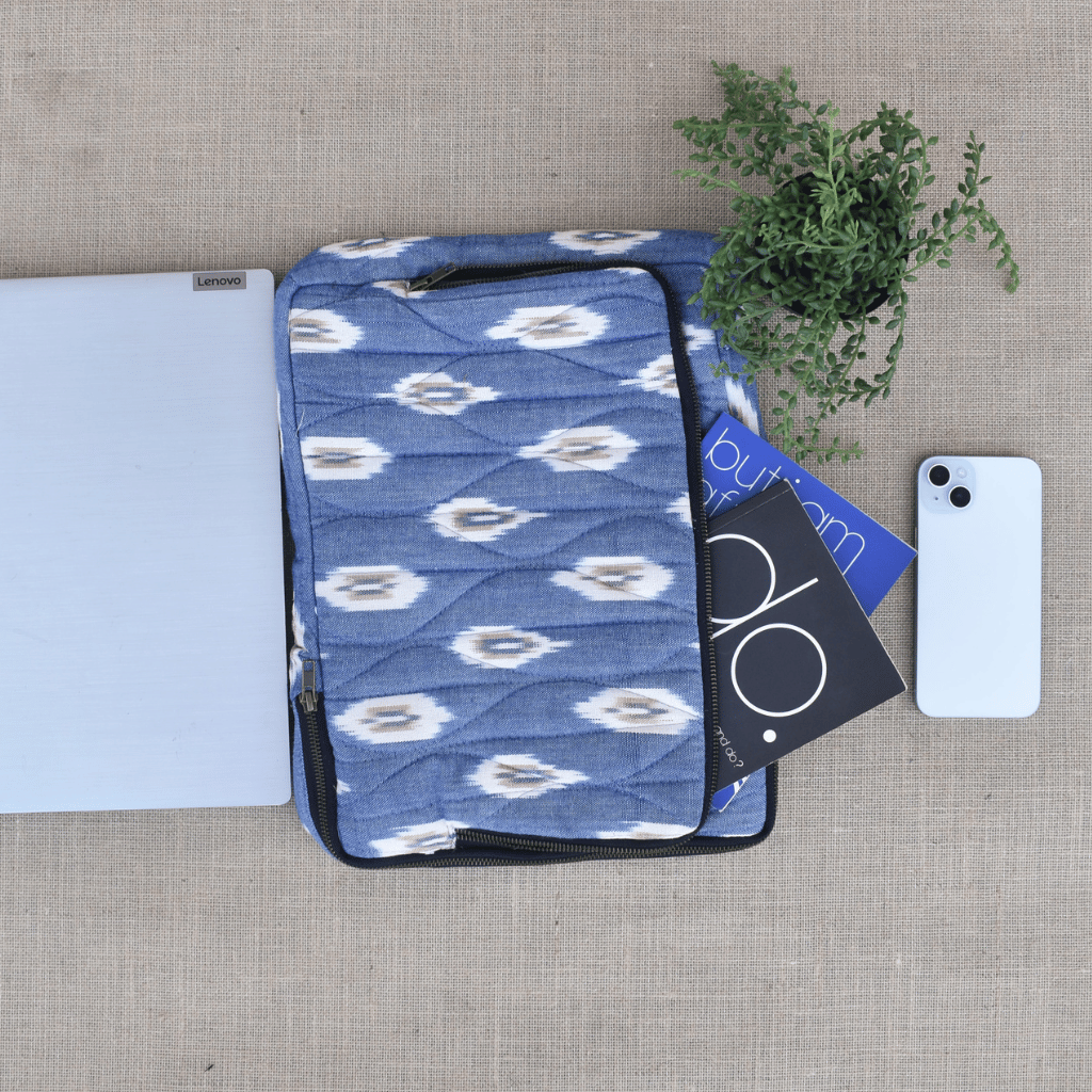 Blue ikat quilted laptop bag - front