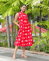 Red ikat a line embroidery dress 