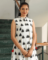 White & black ikat dress with tassels