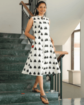 White ikat dress with tassels front view
