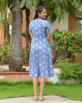 Blue ikat midi dress back view
