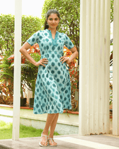 Green ikat midi dress front view