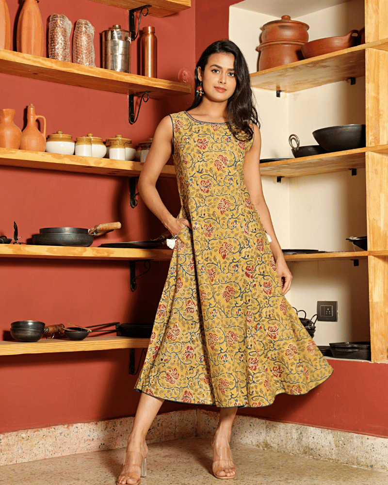 Yellow Floral kalamkari Dress with a Boat neck - Front