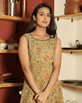 Yellow Floral kalamkari Dress with a Boat neck - embroidery