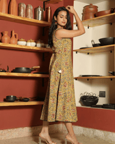 Yellow Floral kalamkari Dress with a Boat neck - pockets