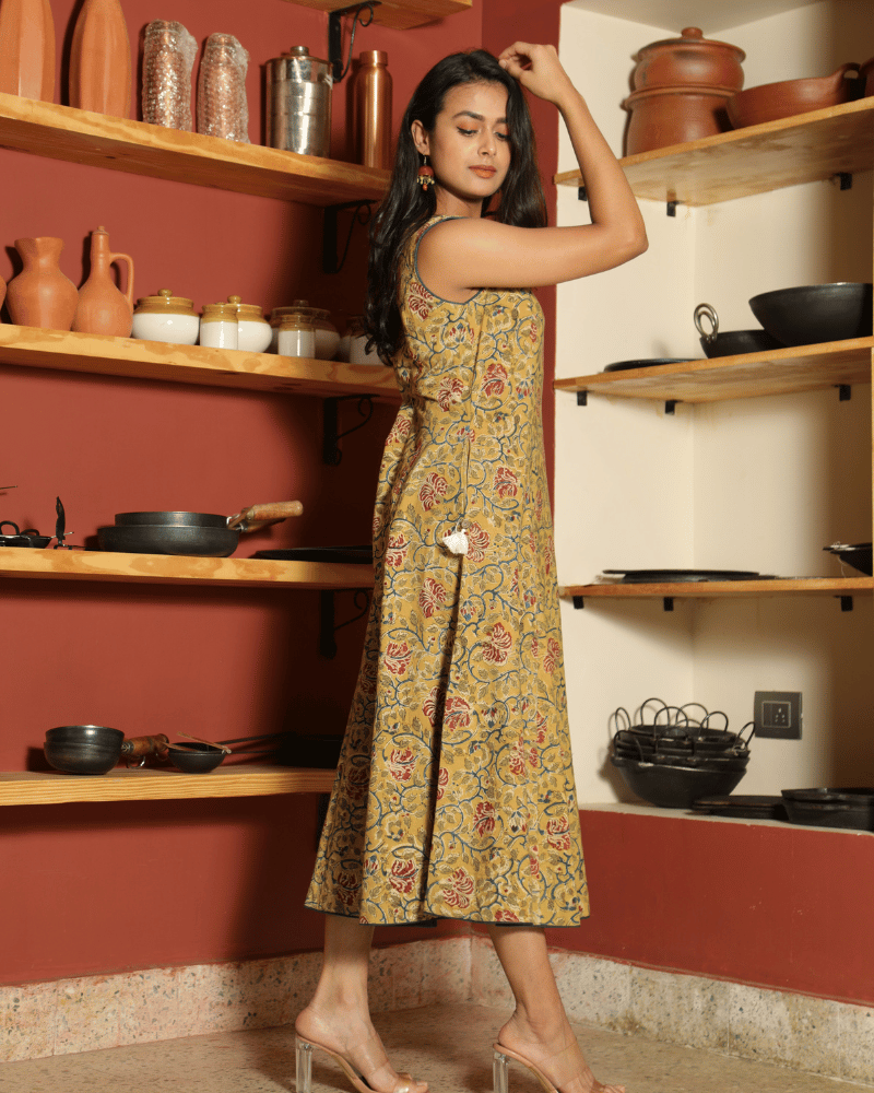 Yellow Floral kalamkari Dress with a Boat neck - pockets