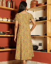 Yellow Floral kalamkari Dress with a Boat neck and Sleeve