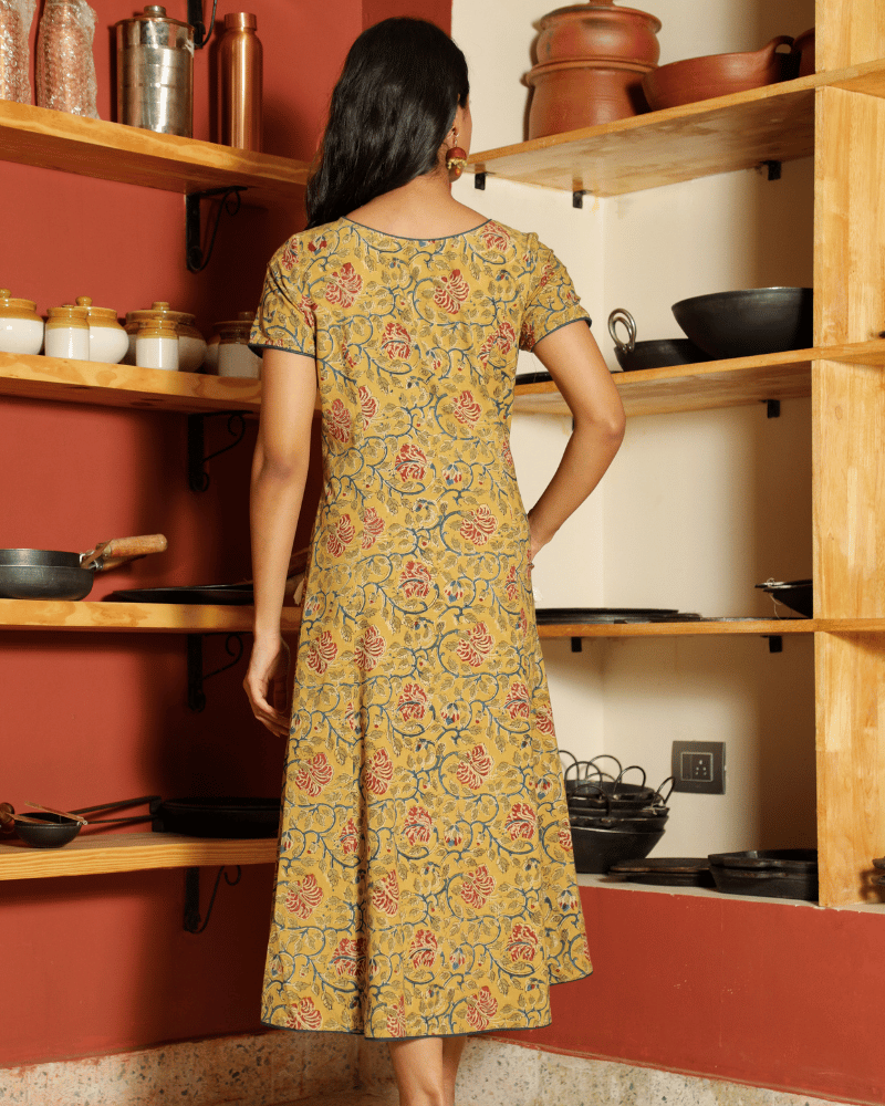 Yellow Floral kalamkari Dress with a Boat neck and Sleeve