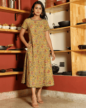 Yellow Floral kalamkari Dress with a Boat neck and Sleeve