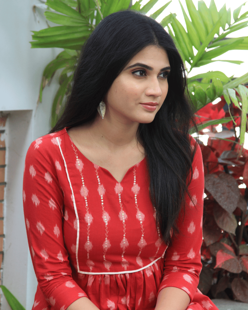 Red ikat Dress With Sequins - neck