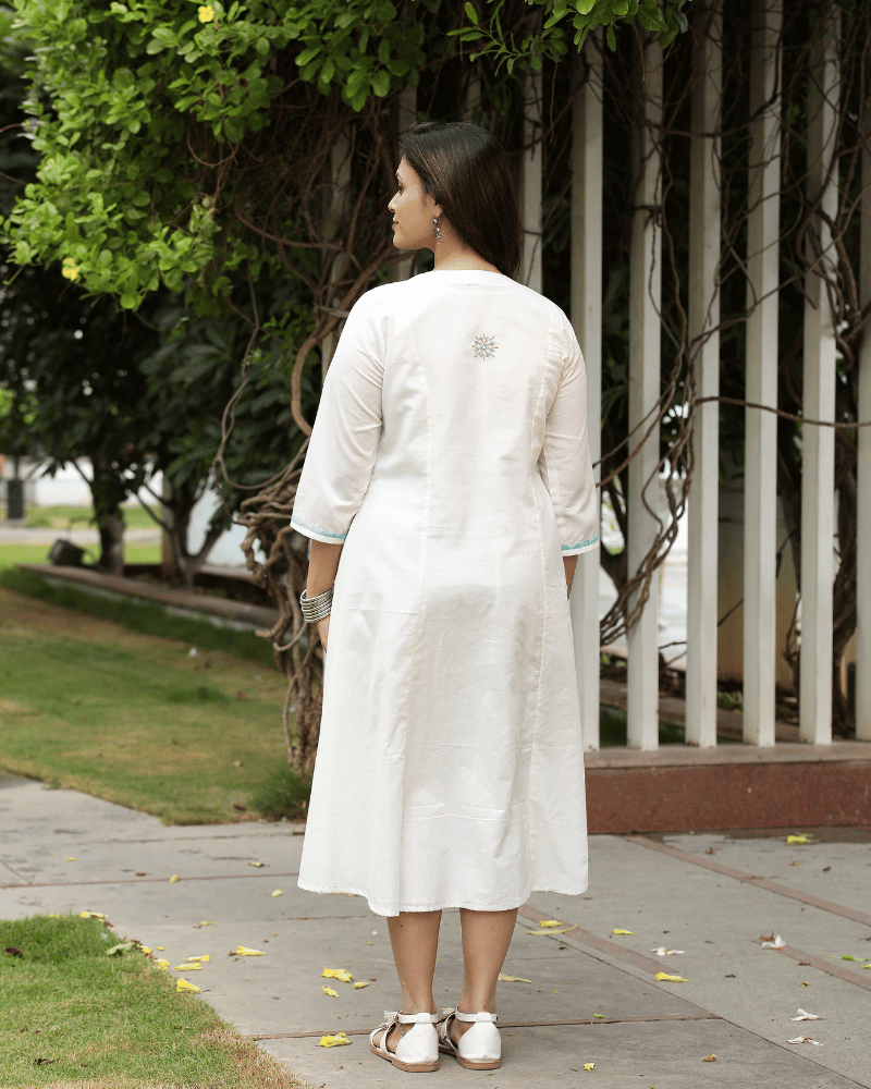 White Cotton Dress with Applique Work