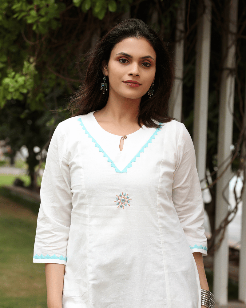 White Cotton Dress with Applique Work - neck