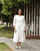 White Cotton Dress with Applique Work - embroidery