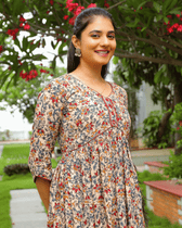 Cream kalamkari V-neck gather dress