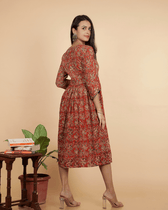 Rust kalamkari gather dress - side