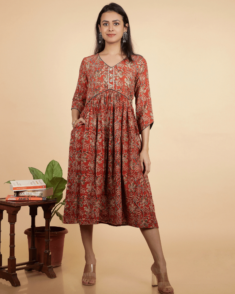 Rust kalamkari gather dress - front