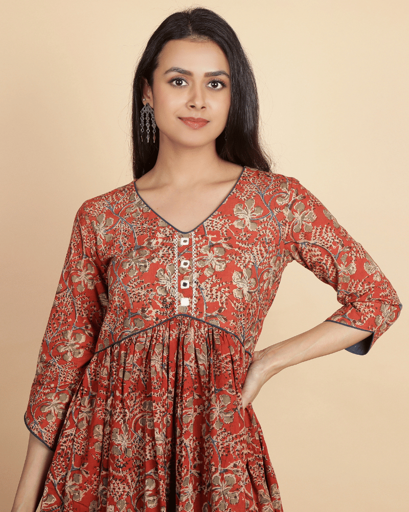 Rust kalamkari gather dress - embroidery