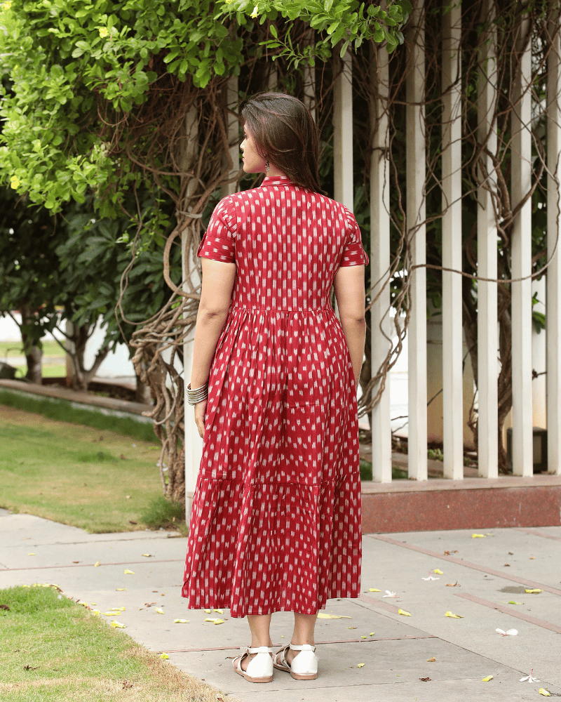 Maroon Ikat Cotton Calf-Length Dress with Shirt Collar - back