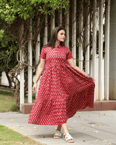 Maroon Ikat Cotton Calf-Length Dress with Shirt Collar 