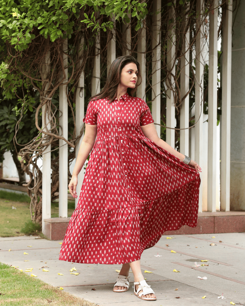 Maroon Ikat Cotton Calf-Length Dress with Shirt Collar 