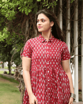 Maroon Ikat Cotton Calf-Length Dress with Shirt Collar - neck