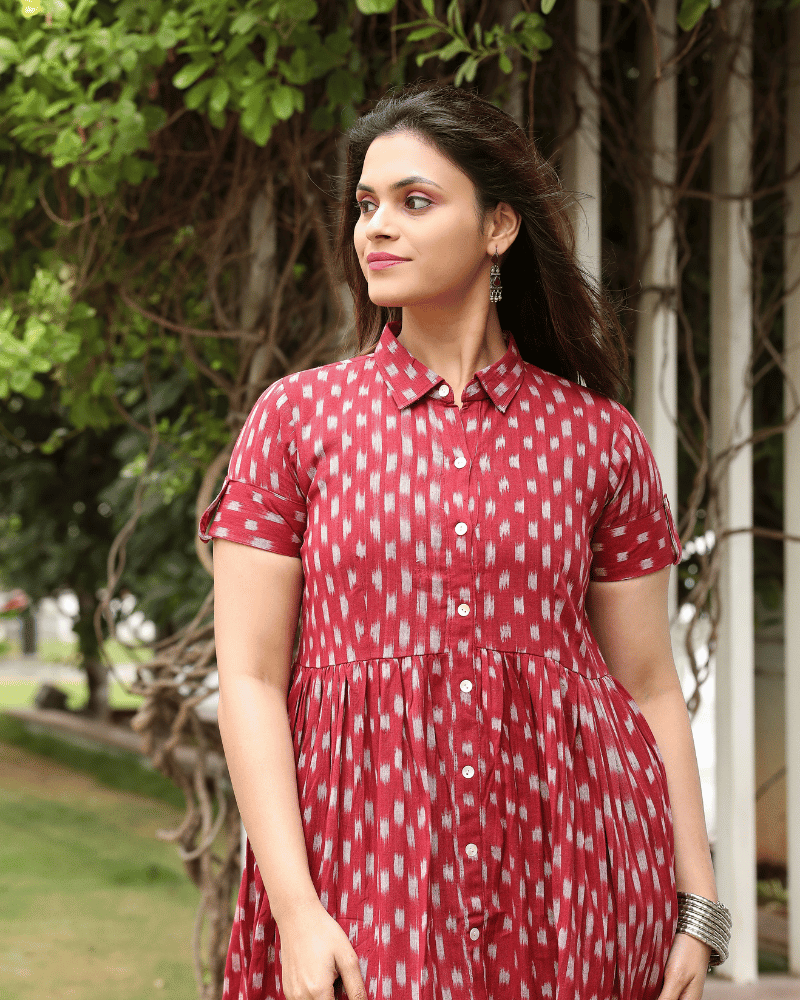 Maroon Ikat Cotton Calf-Length Dress with Shirt Collar - neck