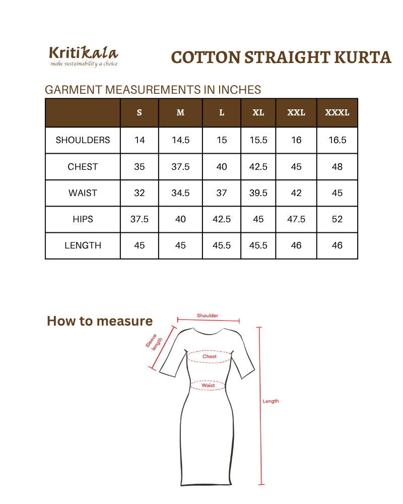 Straight kurta in Teal Blue Ikat with "angarkha" style yoke size chart