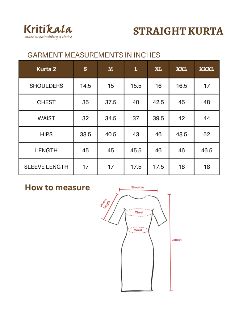 Teal Straight Fit Mercerized Ikat Printed Kurta size chart