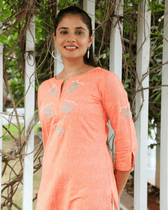 Peach hand embroidered kurta in cotton sleeve view