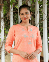 Peach hand embroidered kurta in cotton front view