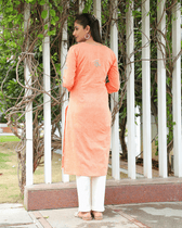 Peach hand embroidered kurta in cotton back view