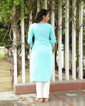 Dandelion Embroidered Sky Blue Cotton Kurta back view
