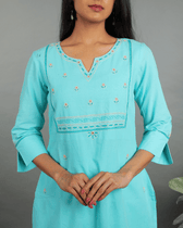 Flowers Embroidered Sky Blue Cotton Kurta - sleeves