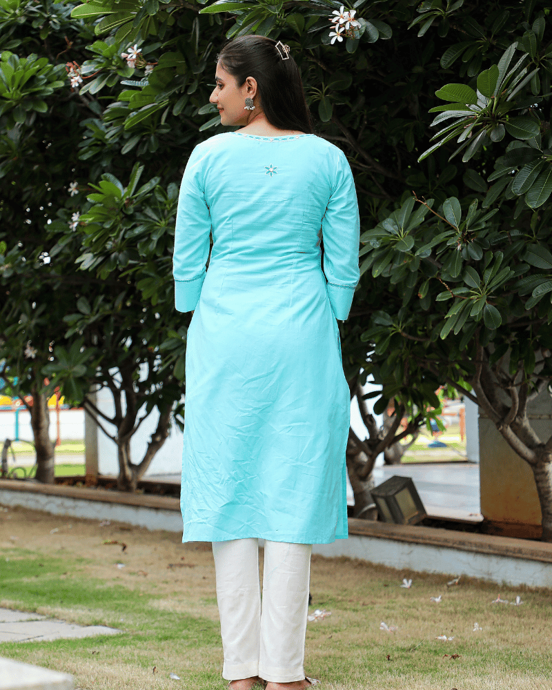 Flowers Embroidered Sky Blue Cotton Kurta back view