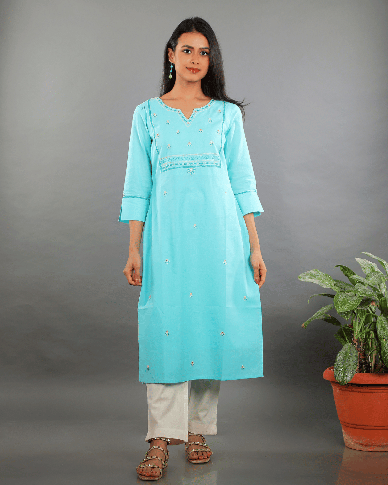 Flowers Embroidered Sky Blue Cotton Kurta - front