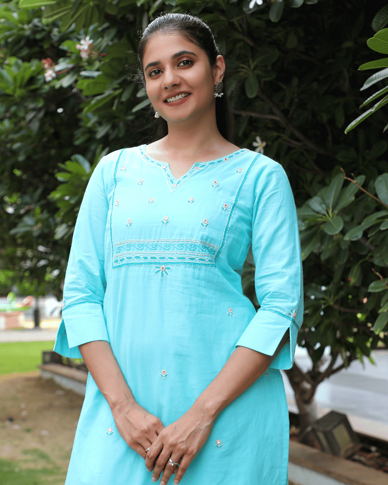 Flowers Embroidered Sky Blue Cotton Kurta sleeve view