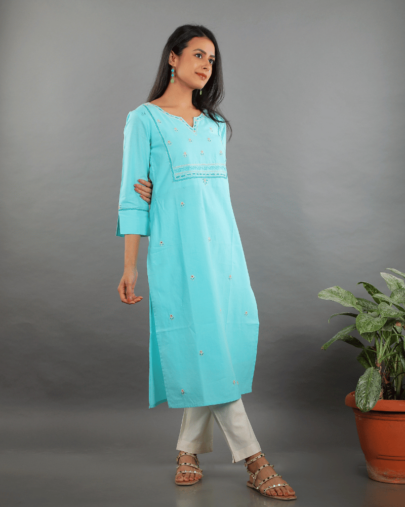 Flowers Embroidered Sky Blue Cotton Kurta - side