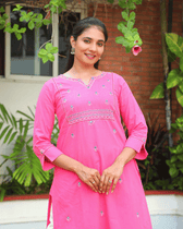 Flowers Embroidered Pink Cotton Kurta front view