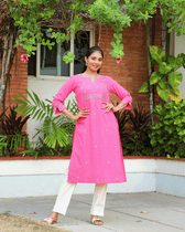 Flowers Embroidered Pink Cotton Kurta sleeve view